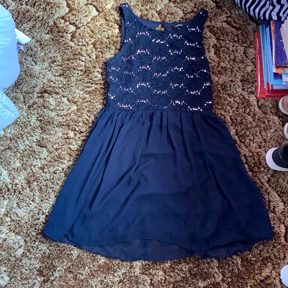 Juniors navy blue lace and sparkle dress